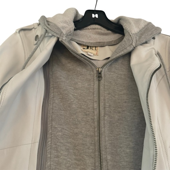 JKT White Leather Moto Jacket With Grey Hoodie Sweatshirt Insert. Size XS. - Picture 3 of 5
